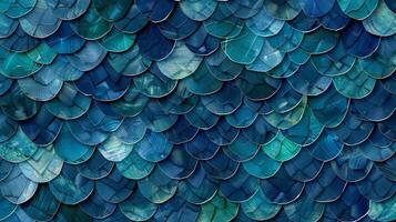 Tiny interlocking circles in shades of blue and green resembling the scales of a shimmering fish repeating across a navy background photo