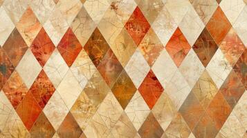 Diamondshaped tiles in shades of rust and gold connected by thin lines to form a mesmerizing mosaic across a sandy beige background photo