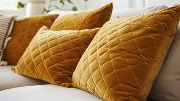 Add a pop of color and texture with this mustard yellow velvet throw pillow featuring a raised diamond pattern for added dimension photo