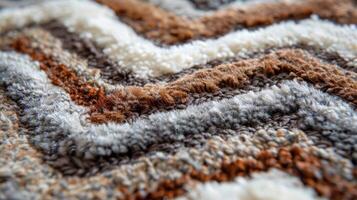 A macro shot of the plush pile of a chevron rug with a mix of warm and cool tones creating a visually interesting texture photo