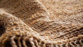 A detailed closeup of the intricate weaving techniques used to create this natural jute rug giving it a unique and handcrafted look photo
