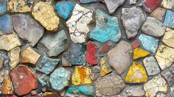 The rough weathered surface of mosaic tiles pieced together in a mosaic pattern conveying a sense of history and time passed photo