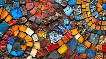 A detailed shot of intricately designed mosaic tiles each with its own bold color scheme creating a mesmerizing patchwork of shapes and shades photo