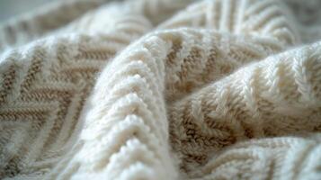 A macro shot of a woolen throw with a textured zigzag pattern displaying the softness and warmth of the fabric as it cradles between fingers photo