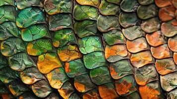 Colorful Variations A closeup of reptile skin reveals a range of vibrant colors from earthy browns to vivid greens each scale exhibiting a unique hue photo