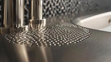 The outline of small polished circles are etched into the brushed nickel adding a subtle touch of elegance to the faucets design photo