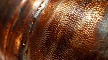 A closeup of a copper pipe its surface carefully buffed and shined. The intricate ridges and lines of the pipe create a unique texture under the smooth polish photo