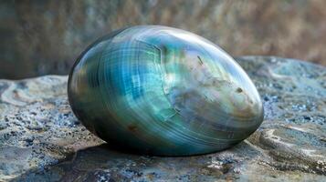 A photograph of a smooth eggshaped seashell with a smooth glossy surface and subtle hues of blue and green photo