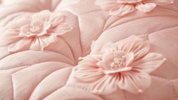 Against a pale pink background the closeup of this quilted fabric headboard reveals a soft and delicate texture. The pastel pink fabric is beautifully quilted in a floral pattern evokin photo