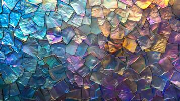 A textured closeup of a holographic film showcasing a unique blend of metallic and iridescent hues resembling a digital mosaic photo