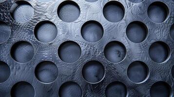 The perforations on this metal sheet form a geometric almost abstract texture with overlapping circles and lines creating a sense of movement and depth photo