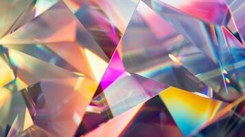 A closeup of a holographic film with sharp geometric shapes and sharp lines creating a contemporary and modern aesthetic photo