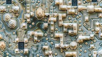 A macro shot reveals the textured surface of a printed circuit board made up of tiny bumps and ridges that interlock like puzzle pieces photo