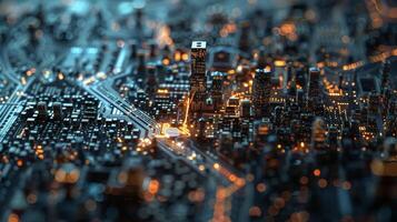 A topdown view of a circuit board showcases the intricate network of small metallic pathways resembling a city skyline at night photo