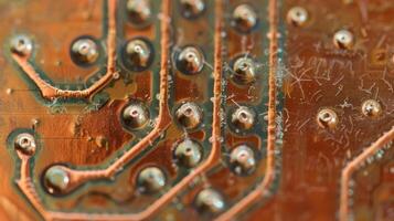 The copper tracks on the circuit board create a weblike texture with s of silver solder crisscrossing throughout photo