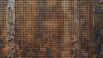 A heavilyused perforated metal sheet displays a worn weathered texture with scratched dented and rusted areas adding depth and character to the overall pattern photo