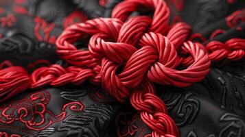 A closeup of a handsewn Chinese knot crafted from vibrant threads of red symbolizing prosperity and good fortune against a dark background of fine silk photo