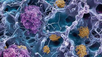 A scanning electron microscopy image capturing the movement of lymphocytes through a narrow capillary surrounded by endothelial cells and cells photo