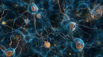 A of neural stem cells dividing and differentiating into mature neurons stimulated by growth factors photo