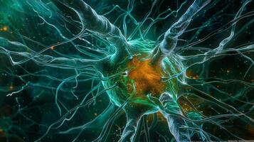 A confocal image of a neuron highlighting the intricate network of microtubules that act as tracks for the transport of cargo photo