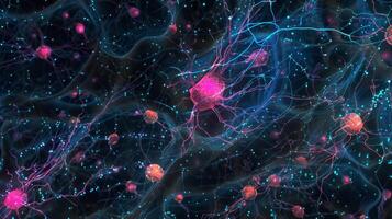 Multiple neurons in different stages of development influenced by various growth factors and shaping into specialized cells photo
