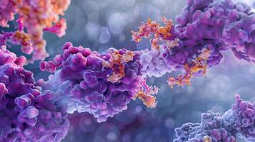 A microscopic image of a protein aggregate with molecular chaperones surrounding it trying to disentangle and refold the misfolded proteins photo