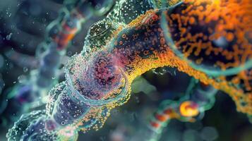 A magnified image of a transport vesicle fusing with the plasma membrane of the axon releasing its contents into the extracellular space photo