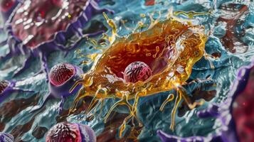 A section of a replicative senescent cell with a flattened morphology and enlarged lysosomes photo