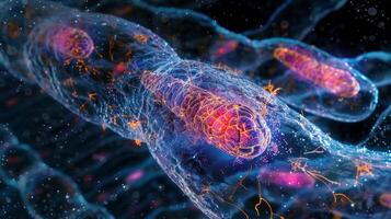 A high magnification image of motor proteins carrying a mitochondrion along the axon highlighting the efficiency and precision of axonal transport photo