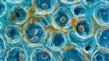 Microscopic view of senescent cells in a tissue sample exhibiting a flattened and enlarged appearance compared to healthy cells photo