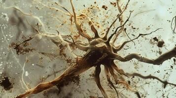 A nerve cell showing signs of axonal degeneration with the axon displaying fragmented and swollen segments photo