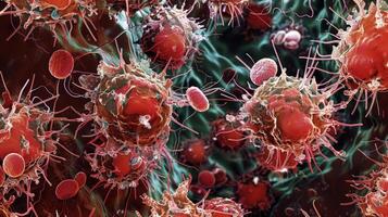 Scanning electron microscope image of autoreactive T cells engulfing and destroying red cells in a patient with autoimmune hemolytic anemia photo