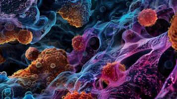 Microscopic view of CAMs on the surface of a cancer cell contributing to its ability to invade and metastasize photo
