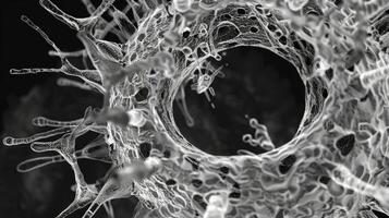 An electron micrograph of a clathrincoated vesicle enclosed in a membrane captured at a stage where the clathrin cage is almost fully formed photo