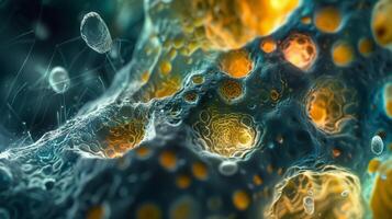 A 3D reconstruction of a cells cytoplasm with numerous clathrincoated vesicles inside demonstrating the abundance and importance of this endocytic pathway photo