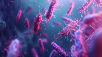 un microscópico ver de un probiótico presion de bacterias adherido a el superficie de intestinal células secundario el crecimiento de otro beneficioso microorganismos foto