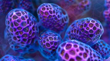A highmagnification image of clathrin triskelions arranged in a latticelike pattern around a coated pit ready to bud off as a vesicle photo