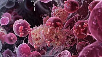 A microscopic view of mast cells in a with some undergoing degranulation and others still containing full granules photo