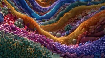 A crosssection of the colon revealing the diverse microbial community residing in the layer aiding in digestion and production of essential nutrients photo