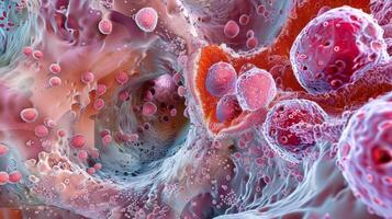 A cross section of a vessel with mast cells attached to the inner lining and releasing their granules into the surrounding photo