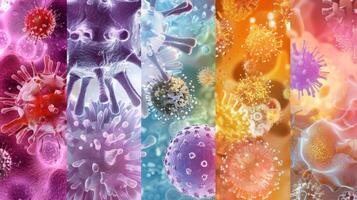 A collage of different types of mast cells all displaying degranulation and releasing various types of immune mediators photo