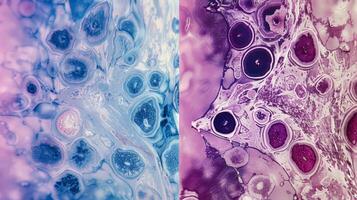 A sidebyside comparison of healthy and diseased tissue with diseased tissue having a higher number of degranulated mast cells due to chronic inflammation photo