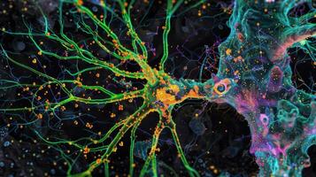 A network of neurons in the brain with a subset highlighted to show the abundance of dopamine receptors on their surfaces photo