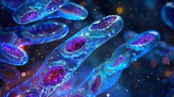 A microscopic view of gene therapy in action with fluorescent tags highlighting the uptake of the theutic gene by cells photo