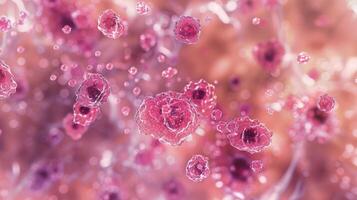 A microscopic view of a colony of megakaryocytes derived from the differentiation of hematopoietic stem cells with distinct nuclei and visible platelets photo