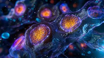 Fluorescent microscopy image of a skin cell with brightly lit glycogen granules surrounding the nucleus photo