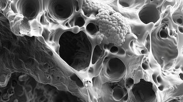 Electron micrograph displaying the compact and uniform structure of glycogen granules within a cell photo