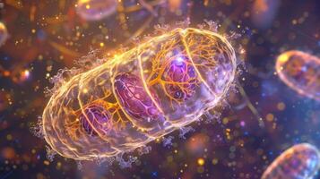A microscopic image of lysosomal enzymes in action breaking down a damaged mitochondrion photo
