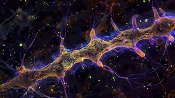 Highresolution image of a single oligodendrocyte cell producing and wrapping myelin around multiple nerve fibers photo