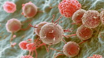 A closeup of a NK cell attaching to and destroying a bacteria demonstrating how these cells are able to recognize a wide range of pathogens and respond accordingly photo